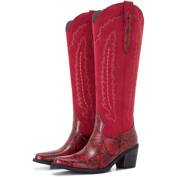 Women's Red Western Side Zipper And Snakeskin Embossed Leather Cowgirl Boots - Picture 4 of 7